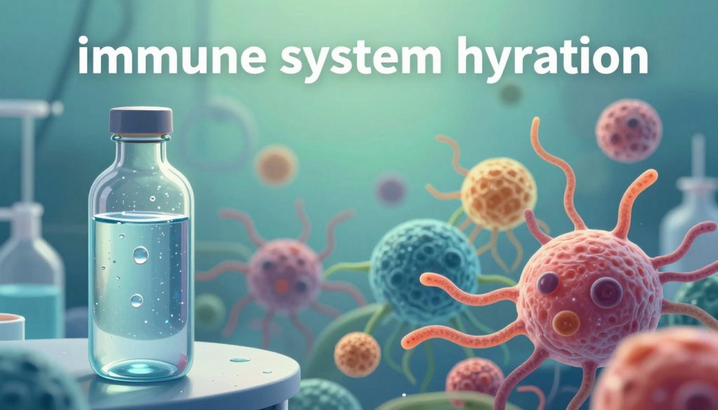 A detailed illustration representing "immune system hydration," set in a softly lit, serene laboratory environment. In the foreground, depict a transparent water vial, symbolizing hydration, with droplets glistening against the light, showcasing its purity. In the middle ground, visualize stylized, colorful representations of immune cells, such as lymphocytes and macrophages, organically intermingling with hydration droplets, conveying vitality and protection. The background features a subtle, blurred gradient of calming blues and greens, suggesting a healthy, balanced ecosystem. The lighting should be soft and diffused, casting gentle reflections that enhance the mood of wellness and rejuvenation. The overall atmosphere is peaceful and inspiring, reflecting essential strategies for immune system hydration without distractions or text overlays. A detailed illustration representing "immune system hydration," set in a softly lit, serene laboratory environment. In the foreground, depict a transparent water vial, symbolizing hydration, with droplets glistening against the light, showcasing its purity. In the middle ground, visualize stylized, colorful representations of immune cells, such as lymphocytes and macrophages, organically intermingling with hydration droplets, conveying vitality and protection. The background features a subtle, blurred gradient of calming blues and greens, suggesting a healthy, balanced ecosystem. The lighting should be soft and diffused, casting gentle reflections that enhance the mood of wellness and rejuvenation. The overall atmosphere is peaceful and inspiring, reflecting essential strategies for immune system hydration without distractions or text overlays.