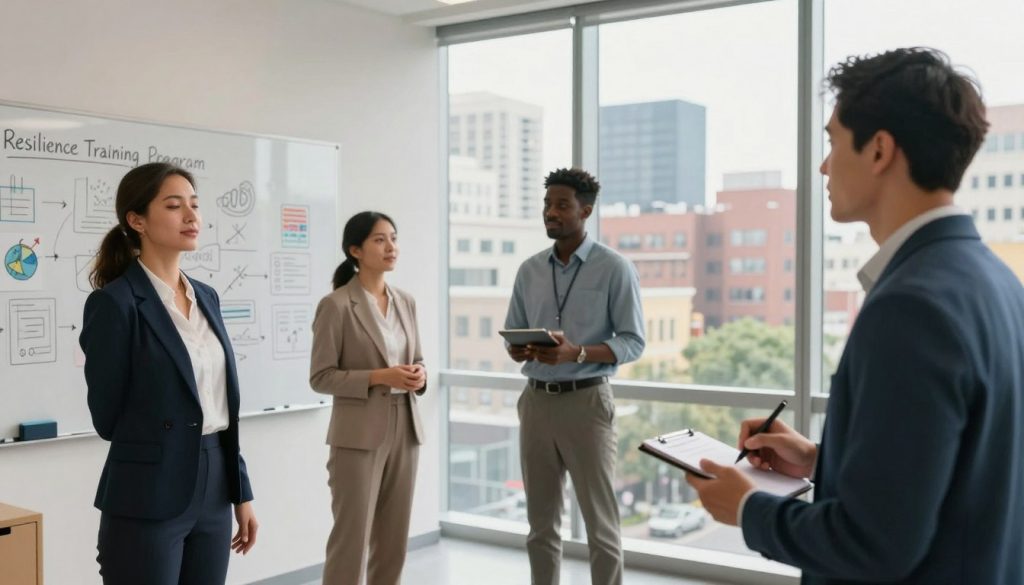 A modern office setting reflecting a "Resilience Training Program" ambiance, with a diverse group of four professionals engaged in an interactive workshop. In the foreground, a woman in smart business attire demonstrates a mindful breathing exercise, while a man takes notes on his tablet. In the middle, two other participants, another woman and a man, discuss perhaps resilience strategies using a whiteboard filled with ideas and motivational graphics. The background showcases a floor-to-ceiling window with a view of a vibrant cityscape, allowing natural light to flood the room, creating a warm and inviting atmosphere. The lighting is soft and uplifting, enhancing the mood of positive engagement and collaboration. The angle captures both the participants and the urban backdrop, emphasizing the blend of personal growth and professional development.
