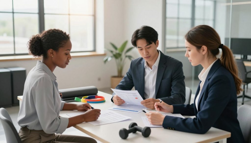 A professional and clean workspace with a focus on physical resilience assessment. In the foreground, a diverse group of three individuals (one Black woman, one Asian man, and one Caucasian woman) dressed in professional business attire, engaged in a guided assessment session. They are looking at fitness evaluation charts and discussing their results with expressions of determination and focus. In the middle, a modern desk featuring fitness equipment like resistance bands, dumbbells, and a yoga mat. In the background, a bright, airy office space with large windows allowing sunlight to stream in, reflecting an optimistic and encouraging atmosphere. The lighting is soft yet illuminating, creating an inviting and motivating mood, captured from a slight angle to provide depth. A professional and clean workspace with a focus on physical resilience assessment. In the foreground, a diverse group of three individuals (one Black woman, one Asian man, and one Caucasian woman) dressed in professional business attire, engaged in a guided assessment session. They are looking at fitness evaluation charts and discussing their results with expressions of determination and focus. In the middle, a modern desk featuring fitness equipment like resistance bands, dumbbells, and a yoga mat. In the background, a bright, airy office space with large windows allowing sunlight to stream in, reflecting an optimistic and encouraging atmosphere. The lighting is soft yet illuminating, creating an inviting and motivating mood, captured from a slight angle to provide depth.