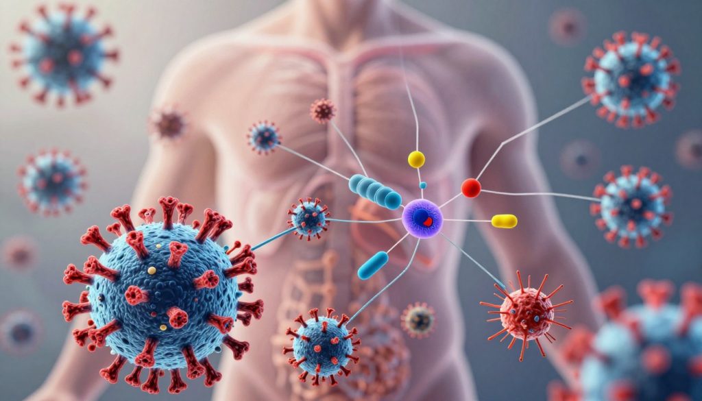 A scientifically detailed illustration of antiviral immunity pathways, featuring a dynamic representation of immune cells such as T-cells and B-cells engaging with viruses. In the foreground, vibrant, stylized T-cells are depicted recognizing and attacking viral particles, showcasing their specialized receptors. The middle ground presents an intricate network of antibodies binding to pathogens, with colorful symbols indicating various immune responses. The background features a faint depiction of a human body silhouette, emphasizing the internal defense system. Soft, focused lighting highlights the cells and pathways, creating a bright yet serious atmosphere that conveys the complexity of adaptive immunity. A slight depth of field effect adds texture to the image, while maintaining clarity on the immune interactions. A scientifically detailed illustration of antiviral immunity pathways, featuring a dynamic representation of immune cells such as T-cells and B-cells engaging with viruses. In the foreground, vibrant, stylized T-cells are depicted recognizing and attacking viral particles, showcasing their specialized receptors. The middle ground presents an intricate network of antibodies binding to pathogens, with colorful symbols indicating various immune responses. The background features a faint depiction of a human body silhouette, emphasizing the internal defense system. Soft, focused lighting highlights the cells and pathways, creating a bright yet serious atmosphere that conveys the complexity of adaptive immunity. A slight depth of field effect adds texture to the image, while maintaining clarity on the immune interactions.
