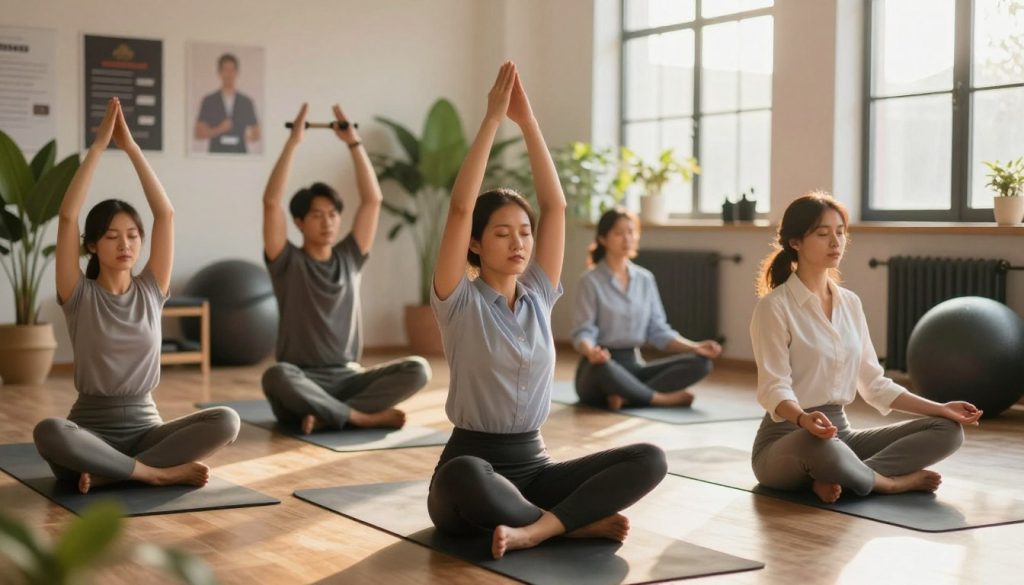 A serene and inspiring scene depicting resilience-building techniques. In the foreground, a diverse group of individuals in professional business attire engage in various activities that symbolize physical and mental resilience. One person practices yoga on a mat, another lifts weights, while a third meditates in a tranquil posture. The middle ground features a supportive environment with greenery, fitness equipment, and motivational posters on the walls. In the background, a sunlit window casts warm, golden light, creating a hopeful atmosphere. The composition should evoke a sense of strength, focus, and calm, with a slight depth of field effect emphasizing the foreground while keeping the middle and background vividly connected.