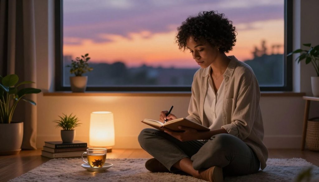 A serene evening scene depicting a person engaging in a resilience-focused daily routine. In the foreground, a diverse individual, dressed in comfortable yet professional attire, sits cross-legged on a cozy rug, journaling with a focused expression, a warm light illuminating their notepad. In the middle, a softly glowing lamp casts a gentle ambiance over a well-organized workspace with motivational books, a calm cup of herbal tea, and a small plant symbolizing growth. In the background, a window frames a peaceful sunset, rich oranges and purples blending in the sky, enhancing the reflective mood. The entire atmosphere conveys tranquility, determination, and the importance of self-care, illustrated with soft focus and warm lighting to evoke a sense of hope and motivation for evening success.