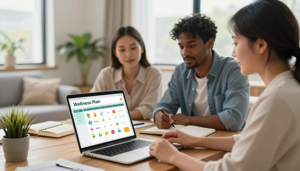 A serene home office environment illustrating a personalized wellness plan in action. In the foreground, a laptop displays a colorful, organized wellness plan featuring icons for nutrition, exercise, and mindfulness. A diverse group of three professionals, dressed in smart casual attire, are gathered around the laptop, engaged in a collaborative discussion, emphasizing teamwork and motivation. The middle ground reveals a cozy seating area with plants and wellness-related materials like books and journals. The background features a large window letting in soft, natural light, creating a bright and inviting atmosphere. The overall mood is uplifting and focused, highlighting the importance of personalized wellness in achieving a resilient lifestyle. The image is captured with a warm color palette and a shallow depth of field for a professional yet friendly vibe. A serene home office environment illustrating a personalized wellness plan in action. In the foreground, a laptop displays a colorful, organized wellness plan featuring icons for nutrition, exercise, and mindfulness. A diverse group of three professionals, dressed in smart casual attire, are gathered around the laptop, engaged in a collaborative discussion, emphasizing teamwork and motivation. The middle ground reveals a cozy seating area with plants and wellness-related materials like books and journals. The background features a large window letting in soft, natural light, creating a bright and inviting atmosphere. The overall mood is uplifting and focused, highlighting the importance of personalized wellness in achieving a resilient lifestyle. The image is captured with a warm color palette and a shallow depth of field for a professional yet friendly vibe.