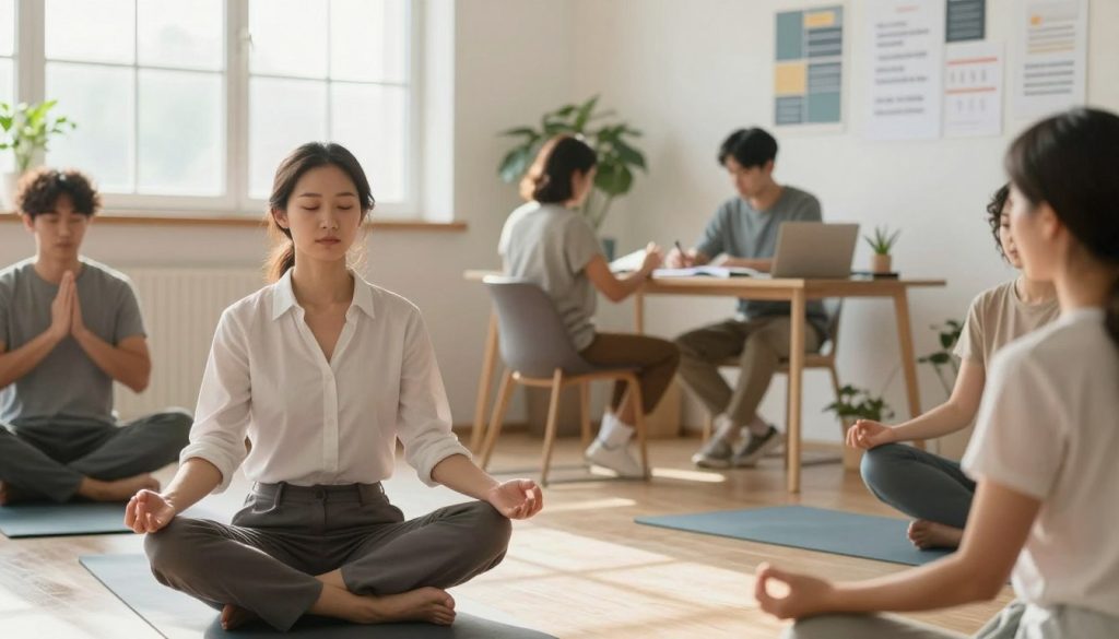 A serene indoor environment featuring a diverse group of individuals engaged in resilience-building activities. In the foreground, a woman in professional attire is practicing mindfulness meditation, sitting cross-legged on a yoga mat, with soft, warm lighting illuminating her focused expression. In the middle ground, a man in modest casual clothing is working at a desk, surrounded by plants and inspirational posters, jotting down notes about personal goals. The background shows a bright, airy window with natural daylight streaming in, enhancing the positive atmosphere. The scene conveys a sense of calm determination and growth, emphasizing the theme of strength and stability in both body and mind.