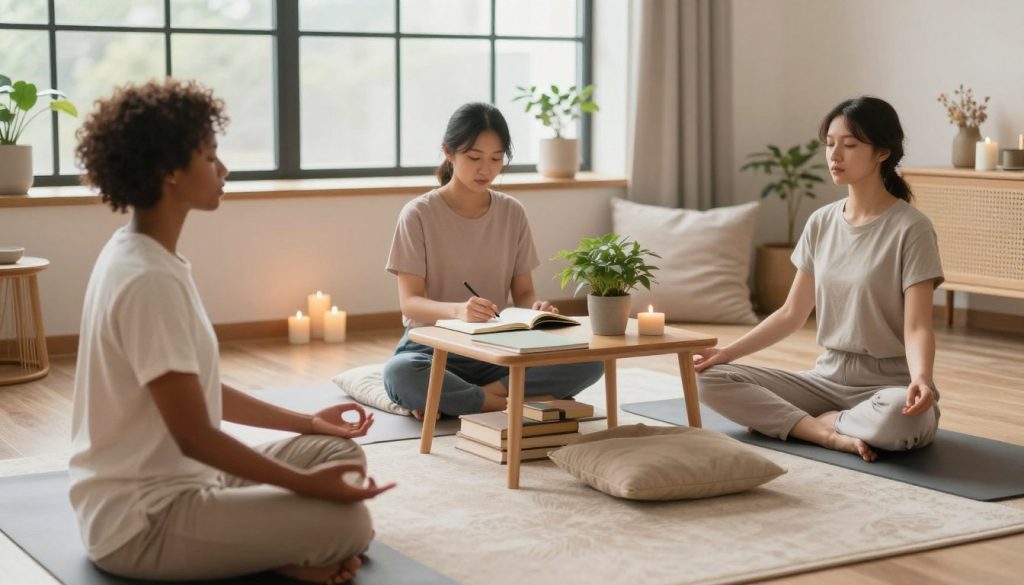 A serene indoor setting representing mental wellness activities. In the foreground, a diverse group of three individuals engaged in mindfulness practices: one is meditating cross-legged on a soft mat, another is journaling at a small table filled with plants, and the third is practicing gentle yoga in casual, modest clothing. The middle ground shows calming decor like soft cushions, lit candles, and wellness books, creating an inviting atmosphere. In the background, a large window lets in warm, natural light, enhancing the tranquil mood. The color palette features soft pastels and earthy tones, promoting a sense of peace and relaxation. The overall composition should evoke feelings of calm, focus, and encouragement towards resilience-building activities.
