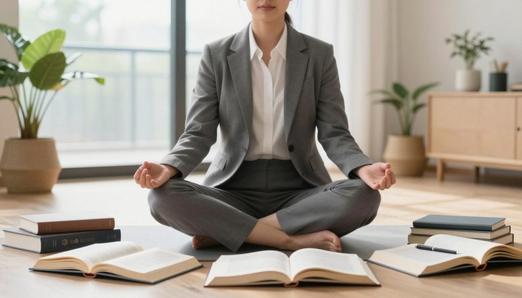 A serene indoor space dedicated to personal development, featuring a focused individual seated in a meditative posture, attired in professional business attire. In the foreground, the person is surrounded by open books, journals, and mindfulness tools, symbolizing the pursuit of mental strength and emotional intelligence. The middle layer showcases soft, natural light streaming through large windows, illuminating the space, hinting at a sense of clarity and insight. In the background, a tranquil indoor plant and a minimalist décor enhance the atmosphere of calm and focus. The overall mood is one of empowerment and serenity, inviting viewers to embrace their own journey of mental strength development. A serene indoor space dedicated to personal development, featuring a focused individual seated in a meditative posture, attired in professional business attire. In the foreground, the person is surrounded by open books, journals, and mindfulness tools, symbolizing the pursuit of mental strength and emotional intelligence. The middle layer showcases soft, natural light streaming through large windows, illuminating the space, hinting at a sense of clarity and insight. In the background, a tranquil indoor plant and a minimalist décor enhance the atmosphere of calm and focus. The overall mood is one of empowerment and serenity, inviting viewers to embrace their own journey of mental strength development.