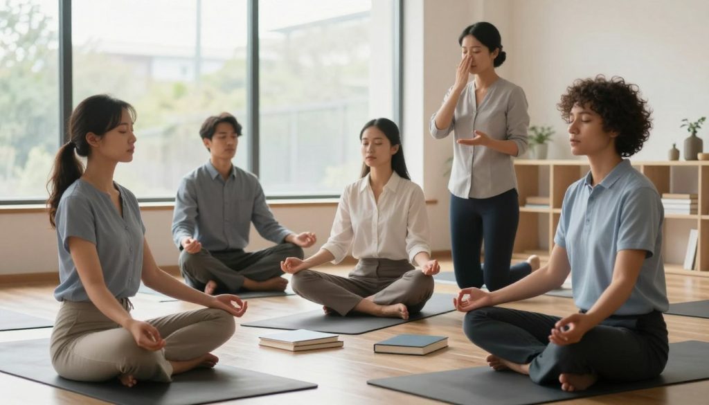 A serene indoor space designed for stress adaptation training. In the foreground, a diverse group of three individuals, dressed in professional business attire, engage in mindfulness activities such as meditation and gentle yoga, radiating calmness and focus. In the middle ground, a facilitator guides the group, demonstrating breathing techniques and relaxation exercises. Various training materials, like books and journals, are neatly arranged on a table. In the background, a large window reveals a tranquil outdoor scene with soft natural light flooding the room, creating a warm and inviting atmosphere. The overall mood is one of tranquility, resilience, and empowerment, emphasizing personal growth and stress management through supportive interaction and focused practice.