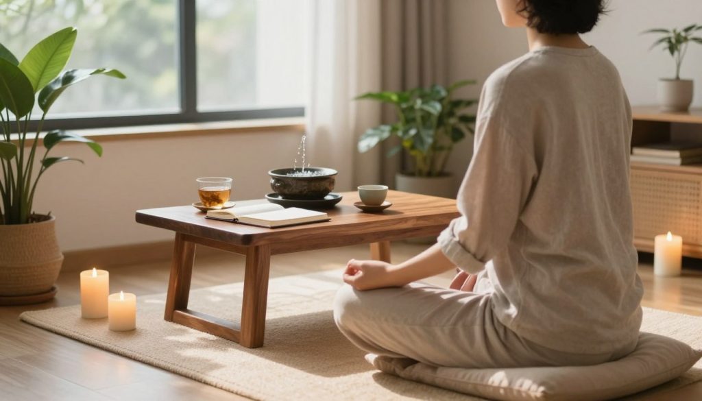 A serene indoor space designed for stress reduction, showcasing a dedicated corner for mindfulness practices. In the foreground, a person in modest casual clothing sits cross-legged on a soft, inviting mat, meditating peacefully, surrounded by calming elements like candles and potted plants. In the middle ground, a small wooden table holds a journal, a cup of herbal tea, and a peaceful indoor fountain gently trickling water. The background features a large window with soft, diffused natural light pouring in, illuminating the room and casting soothing shadows. The mood is tranquil and restorative, conveying a sense of calm and resilience, perfect for establishing long-term stress resistance habits through routine.