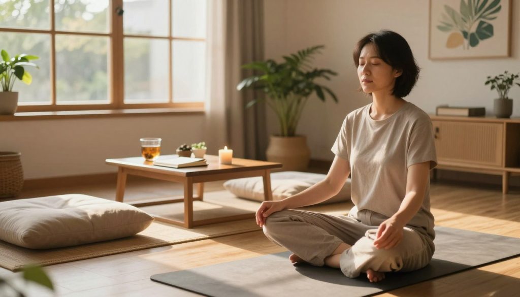 A serene indoor space designed for stress relief, featuring a comfortable meditation area with soft cushions and a yoga mat. In the foreground, a person dressed in modest casual clothing sits cross-legged, eyes closed, practicing mindfulness meditation. The middle ground includes a small table with herbal tea, a journal, and a lit candle, creating a peaceful atmosphere. In the background, large windows allow soft, warm sunlight to filter in, illuminating the room with a golden glow and casting gentle shadows. The walls are adorned with calming nature artwork, and a few potted plants add tranquility. The mood is tranquil and inviting, encouraging viewers to embrace healthy coping strategies for resilience.