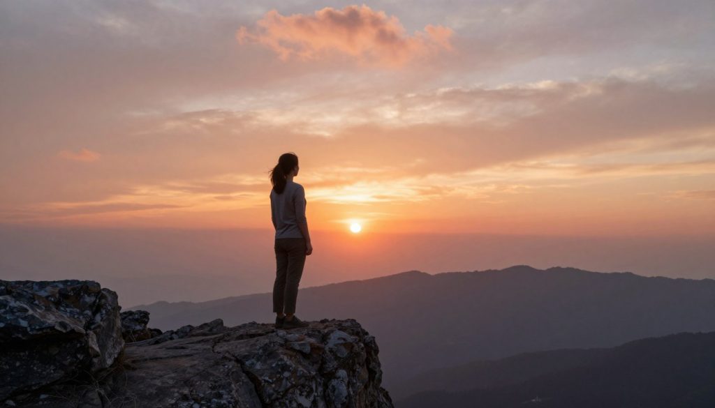A serene landscape depicting an inspiring view of a lone, resilient figure standing on a rocky cliff, gazing out at a beautiful sunrise over a vast horizon. The foreground features the figure, a woman in modest casual clothing, embodying strength and determination. In the middle ground, rich, vibrant colors of the rising sun illuminate the sky, casting warm light over the rocky terrain, with the soft outlines of distant mountains. The background shows fluffy clouds gently reflecting the hues of orange, pink, and gold, creating a hopeful atmosphere. The scene should evoke a sense of calm, strength, and emotional resilience, with gentle, diffused lighting to enhance the uplifting mood. Use a wide-angle lens to capture the expansive view and depth, inviting the viewer into this moment of contemplation and inner strength.