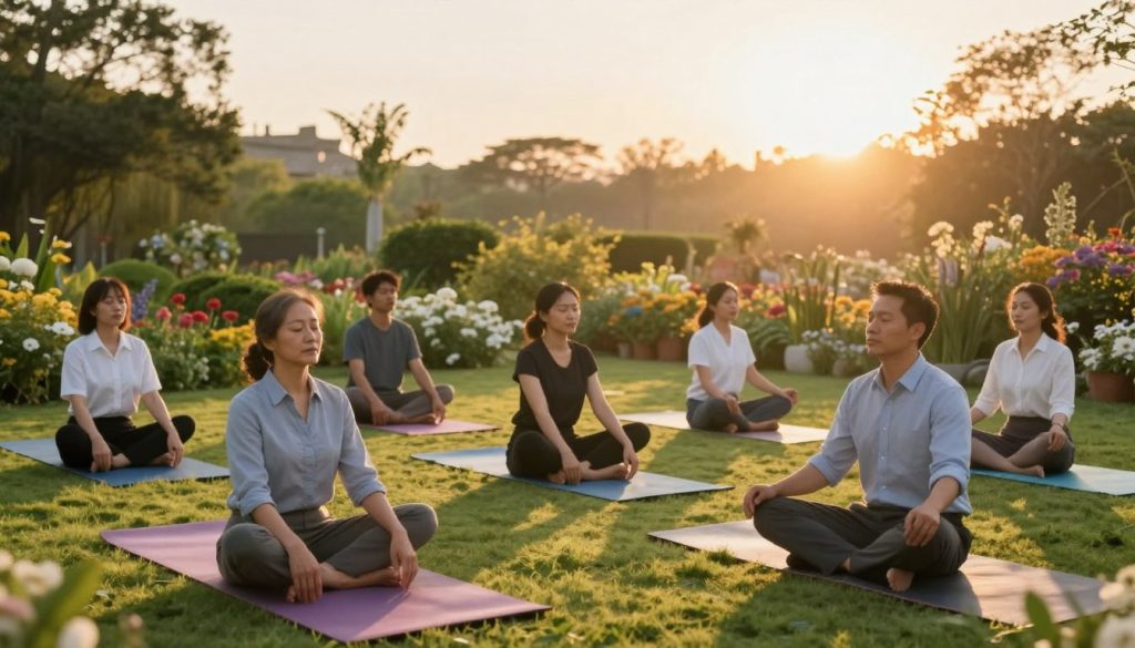 A serene morning scene that captures the essence of resilience exercises. In the foreground, a diverse group of individuals engaged in various routines: one practicing yoga on a mat, another performing stretching exercises, and a third meditating with closed eyes, all donned in professional business attire. In the middle, a lush garden with blooming flowers and gentle greenery emphasizes a connection to nature, creating an inviting atmosphere. The background features a soft sunrise illuminating the scene with warm, golden light, casting long shadows and creating a sense of hope and tranquility. The image conveys strength, calmness, and determination, evoking an uplifting mood perfect for promoting resilience-building practices. Capture the scene from a slightly elevated angle to provide depth and perspective.