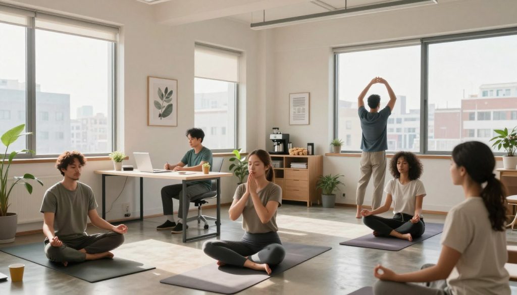 A serene office environment illuminated by soft, natural light streaming through large windows. In the foreground, a diverse group of professionals is engaging in midday resilience practices: one person is meditating on a yoga mat, another is practicing deep breathing at a desk with a small plant beside them, and a third is taking a mindful stretch alongside a window. The middle ground features motivational decor, such as inspiring artwork and a coffee station with healthy snacks. The background showcases a cityscape, symbolizing the outside world while remaining tranquil. The mood is calm yet focused, promoting a sense of balance and determination to overcome workday challenges. Use a wide-angle lens to capture the entire scene, emphasizing the warmth and openness of the workspace.