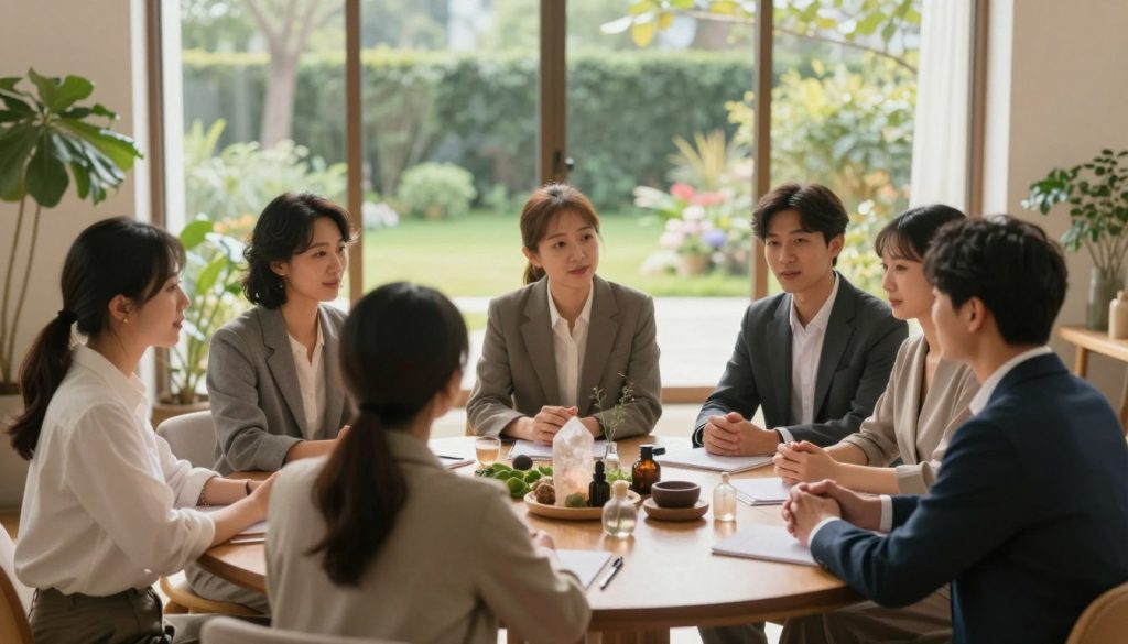 A serene scene showcasing a holistic health approach to building resilience. In the foreground, a diverse group of individuals, dressed in professional business attire, are gathered around a circular table, engaging in a lively discussion about wellness practices and adaptive strategies. The middle ground features plants, crystals, and wellness tools, symbolizing holistic healing, while a large window in the background reveals a peaceful garden bathed in soft, natural light. The setting conveys a warm, inviting atmosphere, emphasizing collaboration and interconnectedness. The lighting is soft and diffused, creating a calming ambiance, with a slight lens blur on the background to focus on the engaged participants at the table. A serene scene showcasing a holistic health approach to building resilience. In the foreground, a diverse group of individuals, dressed in professional business attire, are gathered around a circular table, engaging in a lively discussion about wellness practices and adaptive strategies. The middle ground features plants, crystals, and wellness tools, symbolizing holistic healing, while a large window in the background reveals a peaceful garden bathed in soft, natural light. The setting conveys a warm, inviting atmosphere, emphasizing collaboration and interconnectedness. The lighting is soft and diffused, creating a calming ambiance, with a slight lens blur on the background to focus on the engaged participants at the table.