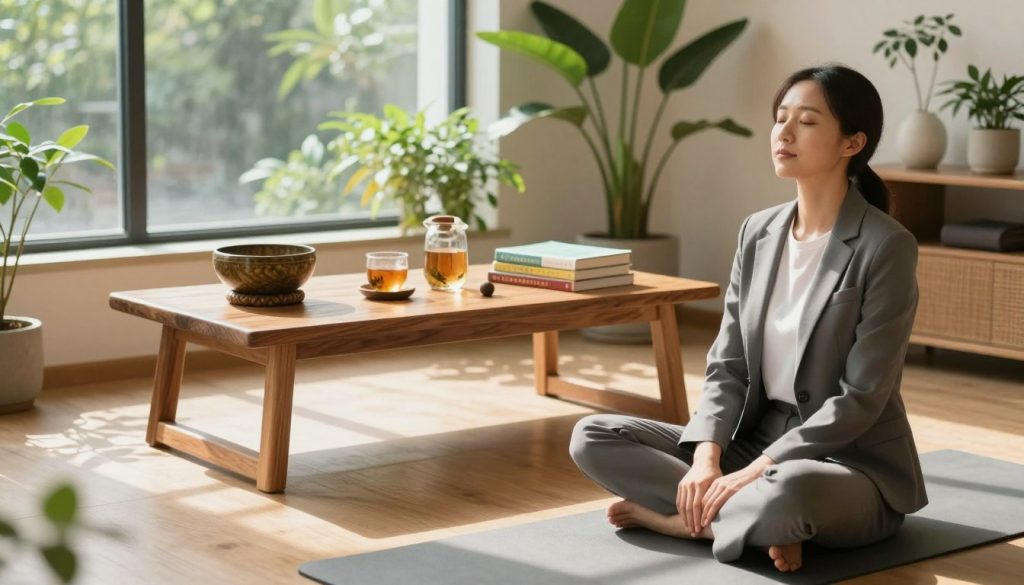 A serene wellness space exemplifying essential stress management techniques. In the foreground, a calm individual in professional business attire practices deep breathing on a yoga mat, their posture relaxed and self-assured. The middle layer features a tranquil wooden table with stress relief tools: a stone meditation bowl, herbal tea, and guided meditation books. Soft, natural light filters through large windows, casting gentle shadows and creating an inviting atmosphere. In the background, lush indoor plants enhance the peaceful environment, while calming colors like soft greens and earthy browns dominate the palette. The overall mood is tranquil and restorative, encouraging resilience and relaxation through mindfulness.