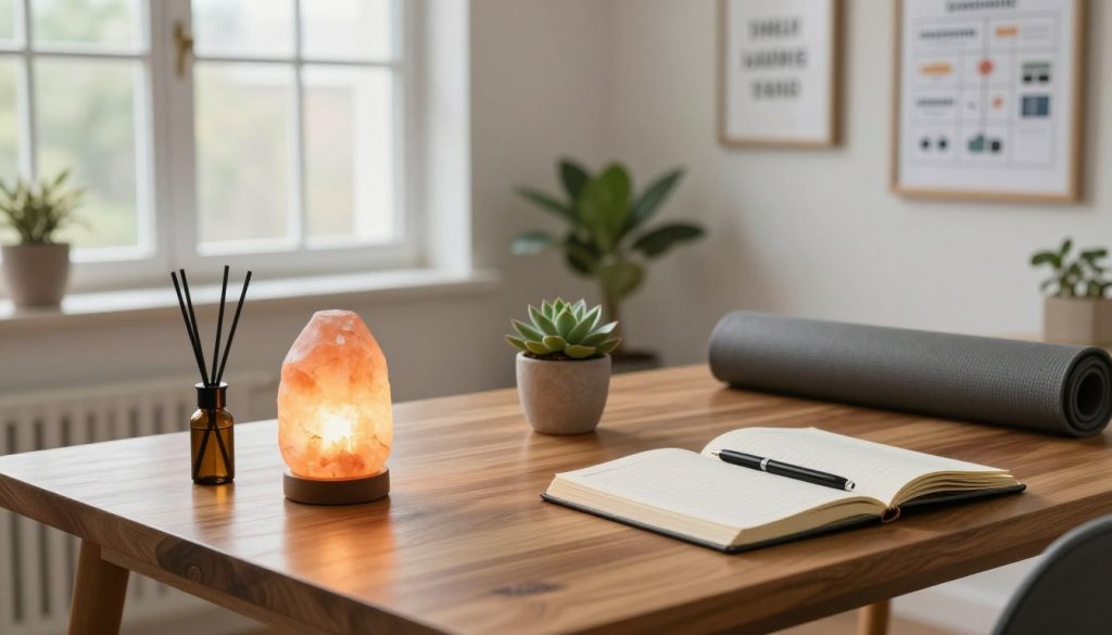 A serene workspace filled with various stress management tools. In the foreground, a polished wooden desk displays an array of items: a glowing salt lamp, a calming essential oil diffuser, and an open journal with a pen. In the middle, a potted succulent adds a touch of greenery, while a yoga mat unfurls nearby. The background features a large window allowing soft, natural light to filter in, creating a warm and inviting atmosphere. A wall adorned with framed motivational quotes and an organizational chart for resilience training can be seen. Capture this scene from a slightly elevated angle to emphasize the layout, conveying a sense of harmony, focus, and tranquility suitable for building resilience against stress.