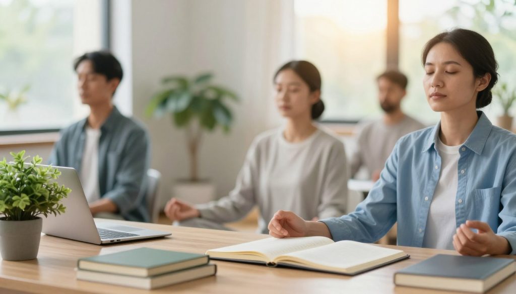 A serene workspace showcasing mental resilience techniques, featuring a well-organized desk with a journal, inspirational books, and a calming plant in the foreground. In the middle, a diverse group of three individuals in business casual attire engage in a mindfulness activity, such as meditation or deep breathing, with serene expressions on their faces. The background depicts a soft, airy room with large windows allowing warm sunlight to stream in, enhancing the tranquil atmosphere. Gentle colors dominate the scene, with greens and blues that evoke peace and focus. Use a close-up angle to capture the authenticity of their expressions and the relaxing environment, conveying a mood of calmness and strength.