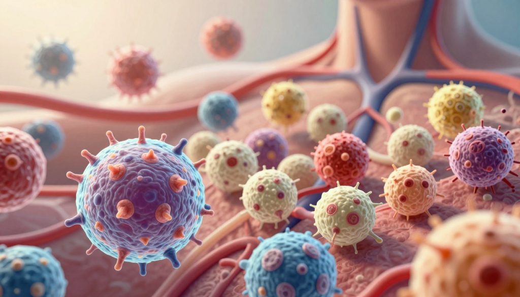 A vibrant and visually engaging illustration of the immune system in action, showcasing various immune cells like lymphocytes and macrophages in a dynamic interplay. In the foreground, a detailed and magnified view of a T-cell recognizing pathogens, with a soft glow highlighting its surface receptors. In the middle, clusters of diverse white blood cells actively responding to invaders, depicted with varied textures and colors for realism. The background features a blurred representation of human anatomy, such as blood vessels and tissue, symbolizing the internal environment where these defenses operate. Use bright, uplifting lighting to convey a sense of protection and vitality, shot from a slightly elevated angle to emphasize the action. The overall mood should feel empowering, illustrating the body's innate strength and resilience.