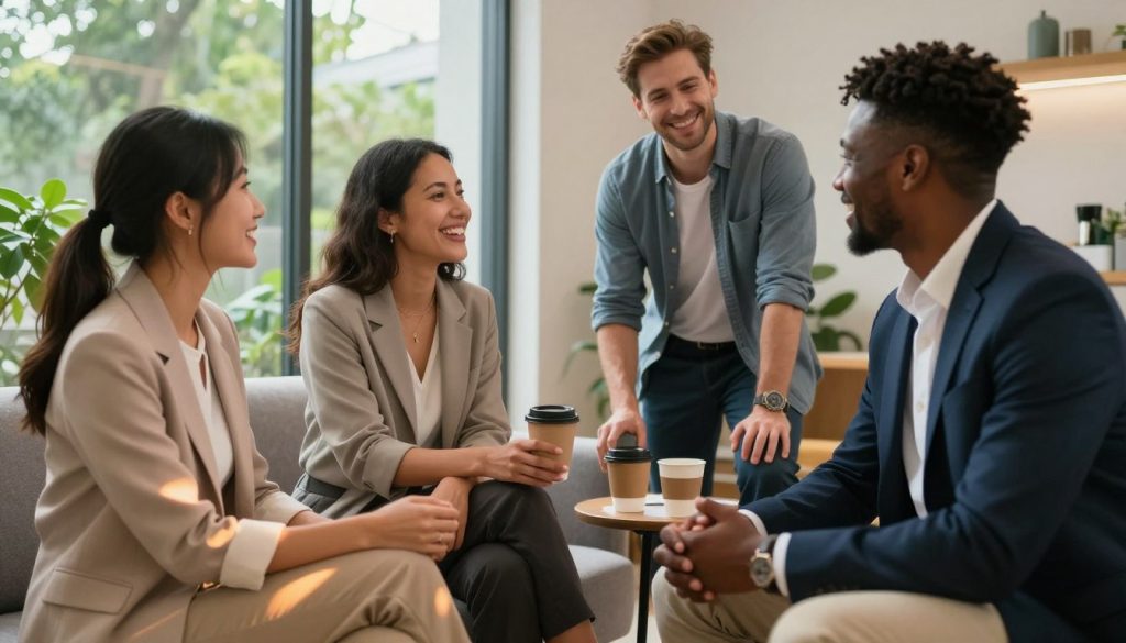 A vibrant social support network scene depicting a diverse group of four individuals in a modern indoor setting, each engaged in thoughtful conversation and laughter. In the foreground, a woman of Asian descent and a man of African descent are sharing a light moment, seated on a cozy couch with warm lighting casting soft shadows. In the middle, a Hispanic woman and a white man stand at a small table with coffee cups, animatedly discussing ideas. The background features a large window with greenery visible outside, allowing natural light to fill the room, creating an inviting atmosphere. The overall mood is uplifting, emphasizing connection and harmony, with a focus on resilience and community support. The individuals are all dressed in professional business attire, showcasing a blend of professionalism and approachability.