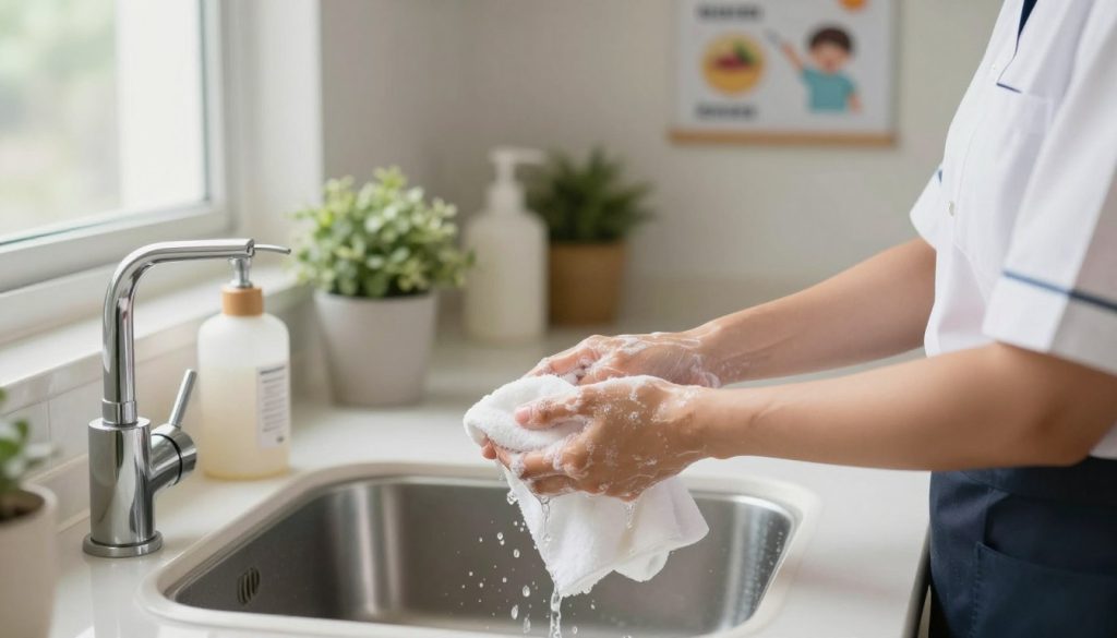 A well-lit kitchen scene showcasing proper handwashing techniques. In the foreground, a person in a professional attire stands at a sink with soap, demonstrating the step-by-step process of handwashing: wetting hands, applying soap, scrubbing for 20 seconds, rinsing, and drying with a towel. Their hands are clearly in focus, emphasizing the movement of scrubbing and rinsing. The middle ground features a clean, organized countertop with a soap dispenser, a decorative plant, and an educational poster on handwashing techniques on the wall. The background is softly blurred, containing a window that lets in natural light, creating a warm and inviting atmosphere. The overall mood is informative and encouraging, promoting hygiene as a crucial habit for health. A well-lit kitchen scene showcasing proper handwashing techniques. In the foreground, a person in a professional attire stands at a sink with soap, demonstrating the step-by-step process of handwashing: wetting hands, applying soap, scrubbing for 20 seconds, rinsing, and drying with a towel. Their hands are clearly in focus, emphasizing the movement of scrubbing and rinsing. The middle ground features a clean, organized countertop with a soap dispenser, a decorative plant, and an educational poster on handwashing techniques on the wall. The background is softly blurred, containing a window that lets in natural light, creating a warm and inviting atmosphere. The overall mood is informative and encouraging, promoting hygiene as a crucial habit for health.